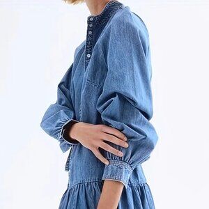 Lantern Sleeve Waist Tie Denim Dress